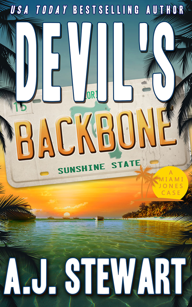 Devil's Backbone Book Cover, Book 15 in the Miami Jones Florida Mystery Series by author A.J. Stewart.